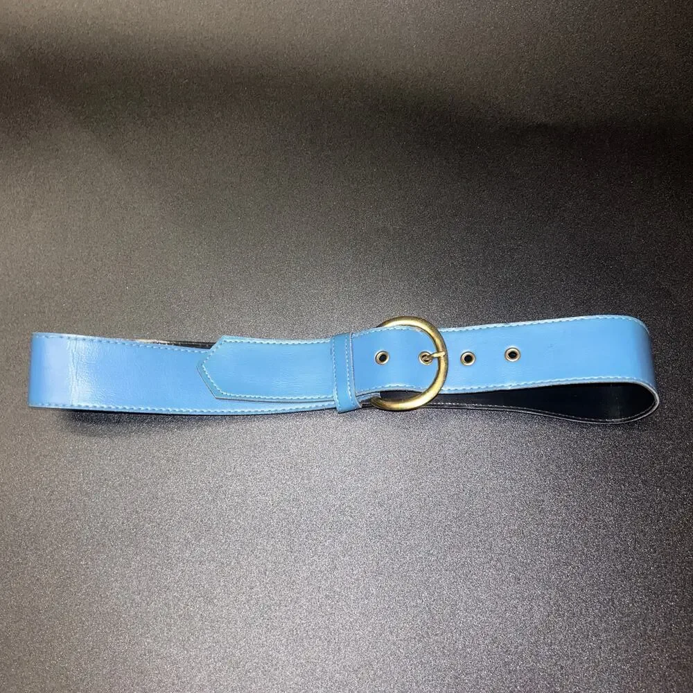 Blue Faux Leather Gold-Tone Hardware Adjustable Belt Women's Size 14